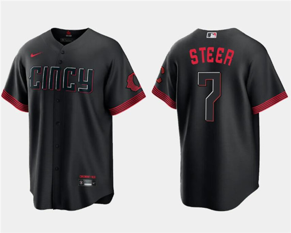 Men's Cincinnati Reds #7 Spencer Steer Black 2023 City Connect Cool Base Stitched Baseball Jersey